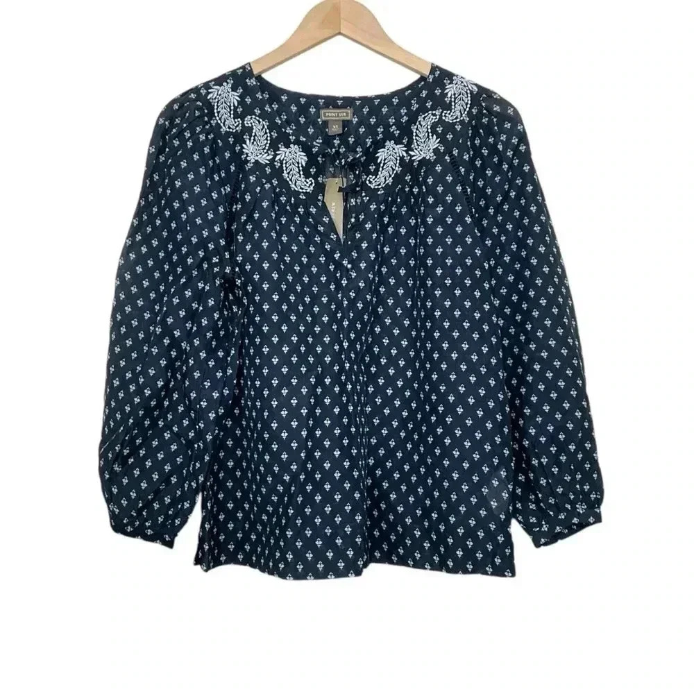 J. Crew Blue Peasant Cotton Silk Top Size XS